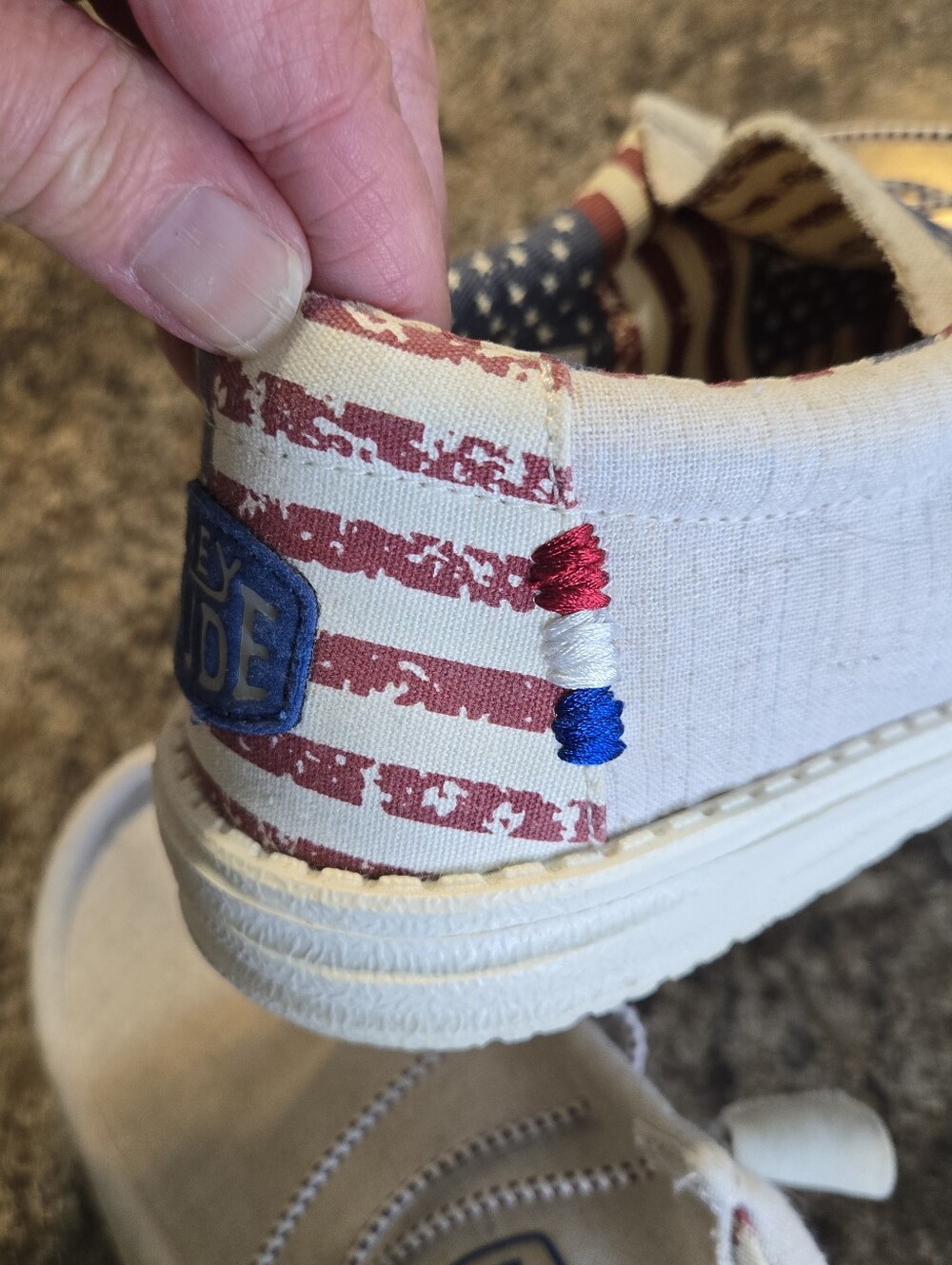 Hey Dude Mens/womens White Canvas Slip-Ons with Red & Blue Flag Accent - Picture 8 of 9